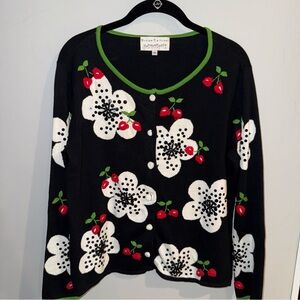 Dream Catcher Black Floral Cherry‎ Sequin Beaded Cardigan Sweater Medium